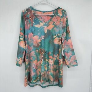 NWT Soft Surroundings Women's Artsy Watercolor Floral Boho Maile Tunic Blue M